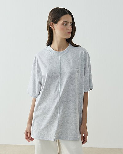 Süprem Önü Dikiş Detaylı Tshirt Gri Melanj 