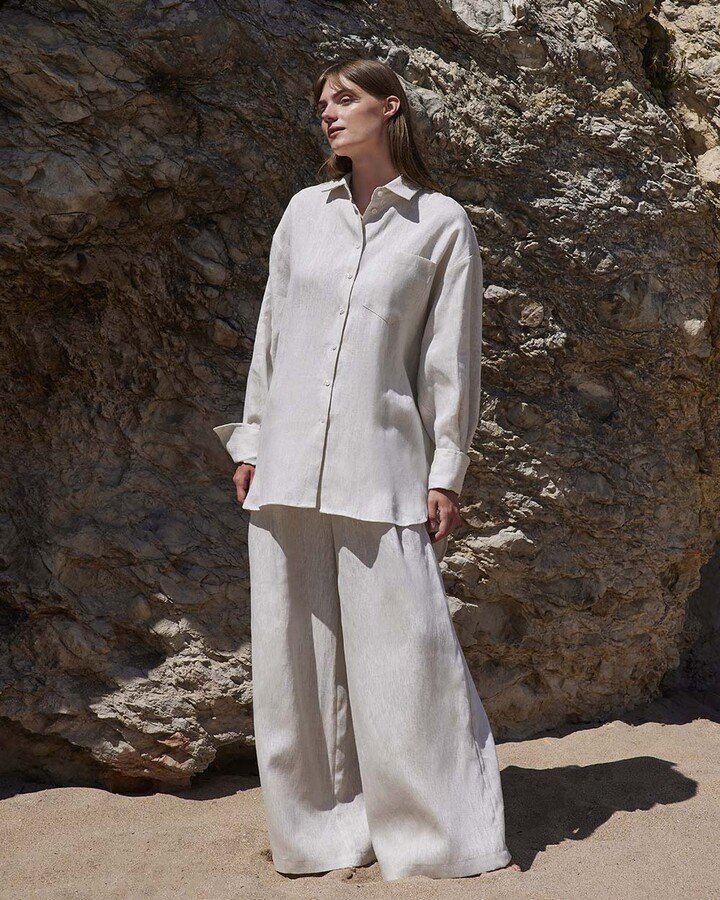 %100 Keten Oversize Manşetli Gömlek Taş