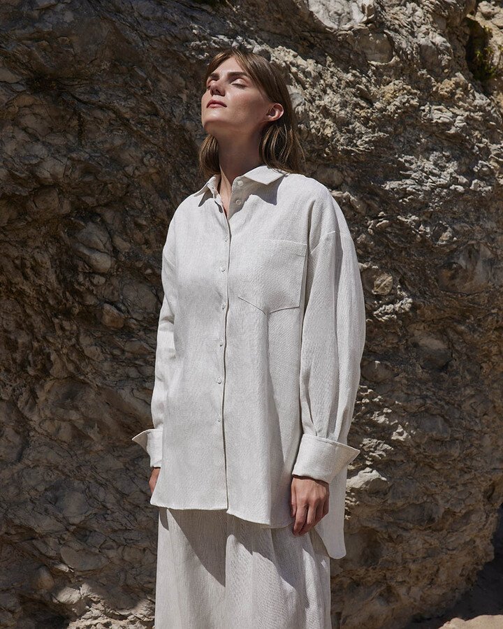 %100 Keten Oversize Manşetli Gömlek Taş