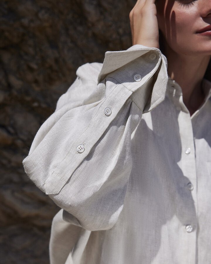 %100 Keten Oversize Manşetli Gömlek Taş