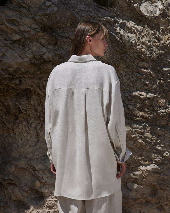 %100 Keten Oversize Manşetli Gömlek Taş
