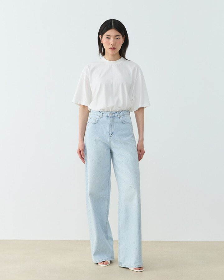 Taşlı Baggy Fit Jean Açık Mavi