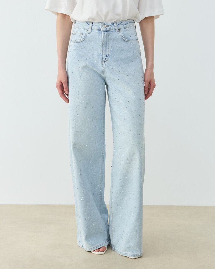 Taşlı Baggy Fit Jean Açık Mavi