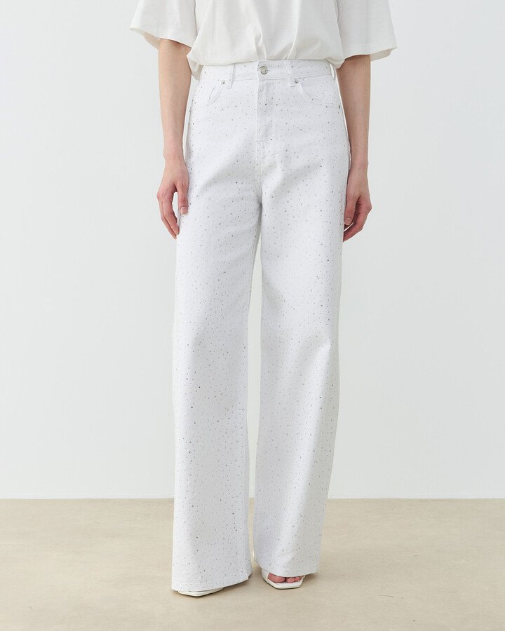 Taşlı Baggy Fit Jean Beyaz