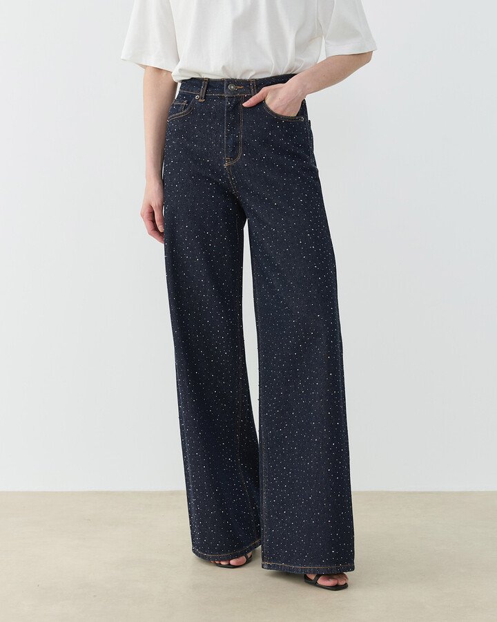 Taşlı Baggy Fit Jean Koyu Lacivert