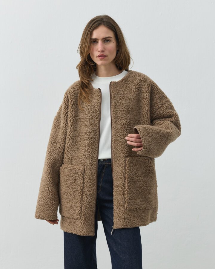 Teddy Fermuarlı Cepli Ceket Çift Paket Camel - (1)