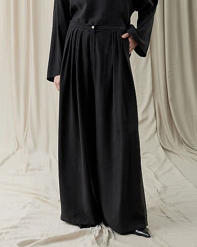 Tencel Küçük Pileli Bol Pantolon Siyah 