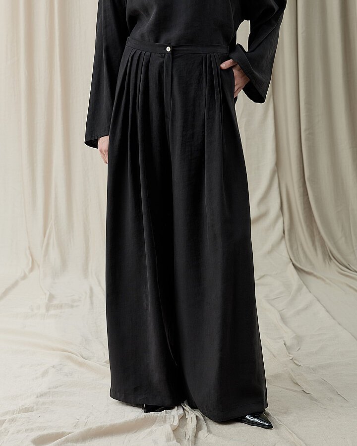 Tencel Küçük Pileli Bol Pantolon Siyah - Aybikestil