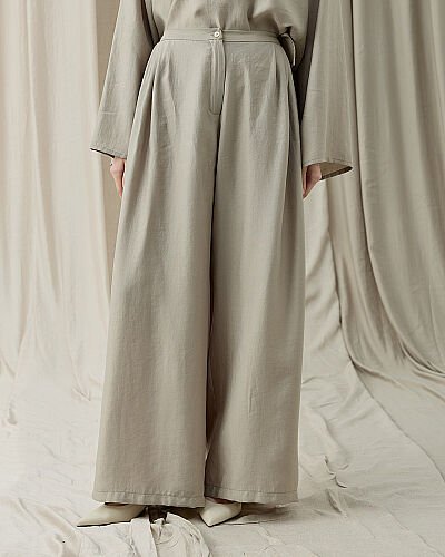 Tencel Küçük Pileli Bol Pantolon Taş 