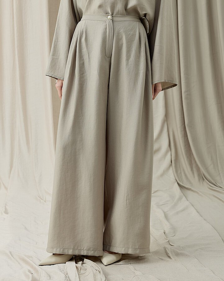 Tencel Küçük Pileli Bol Pantolon Taş - Aybikestil