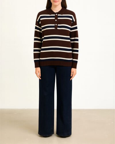 Triko Çizgili Polo Yaka Basic Kazak Bordo Çizgili 