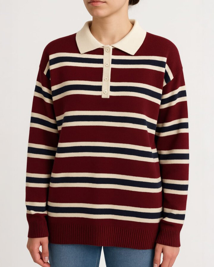 Triko Çizgili Polo Yaka Basic Kazak Bordo Çizgili - Aybikestil