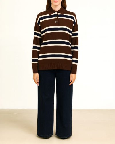 Triko Çizgili Polo Yaka Basic Kazak Kahverengi Çizgili 