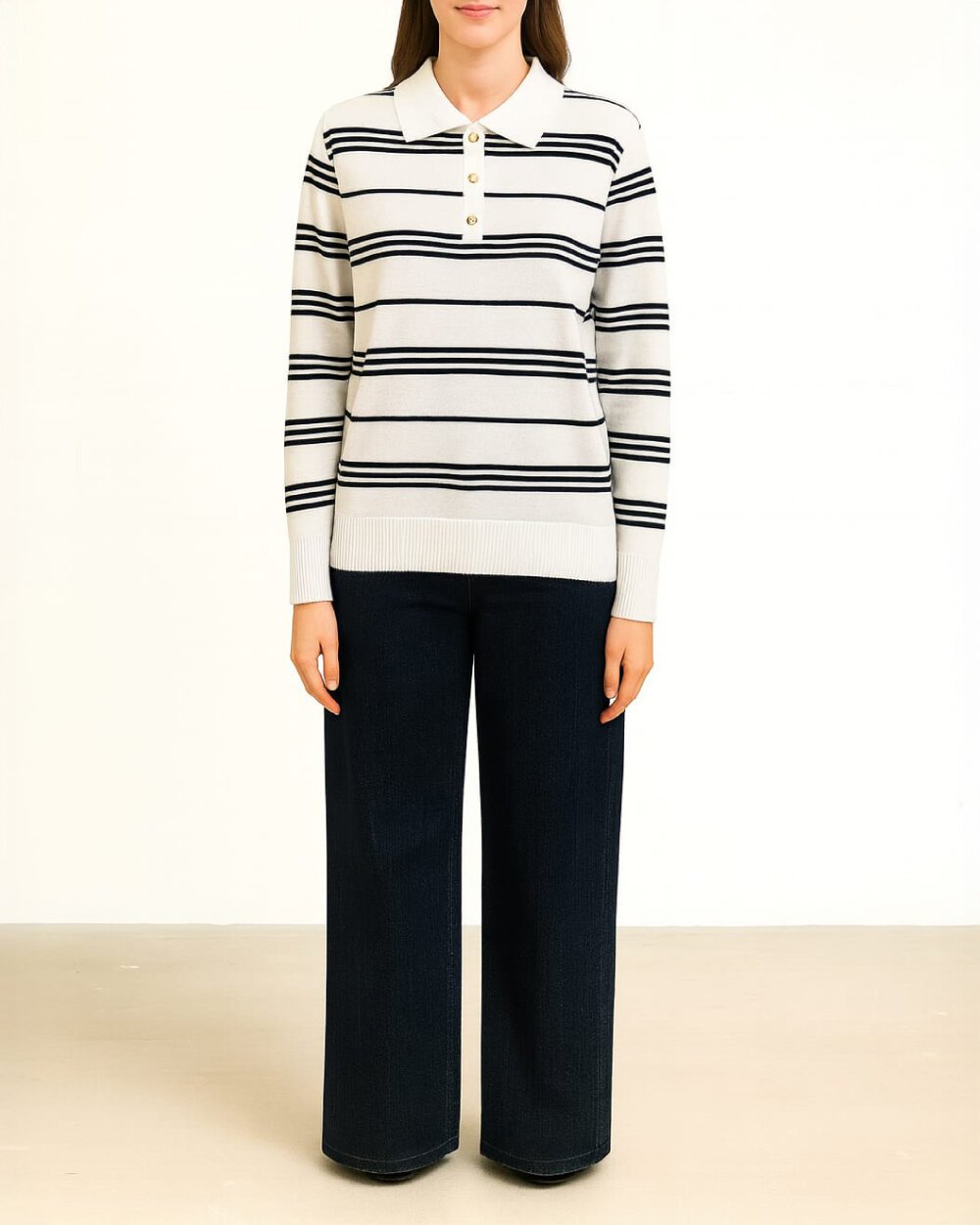 Triko Çizgili Polo Yaka Kazak Beyaz Siyah Çizgili - Aybikestil