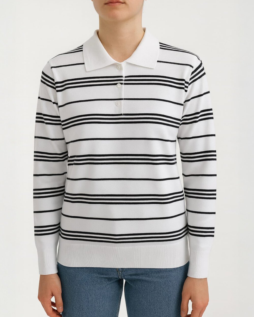 Triko Çizgili Polo Yaka Kazak Beyaz Siyah Çizgili - Aybikestil