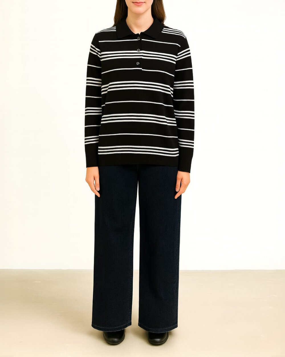 Triko Çizgili Polo Yaka Kazak Siyah Beyaz Çizgili - Aybikestil