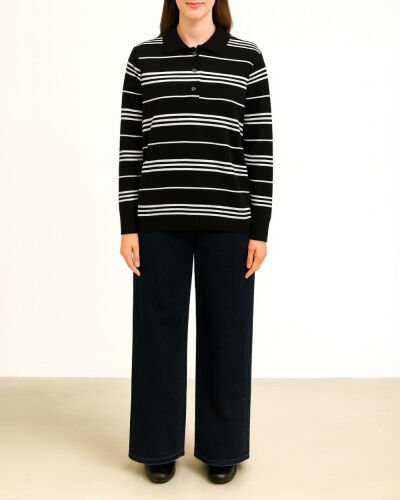 Triko Çizgili Polo Yaka Kazak Siyah Beyaz Çizgili 