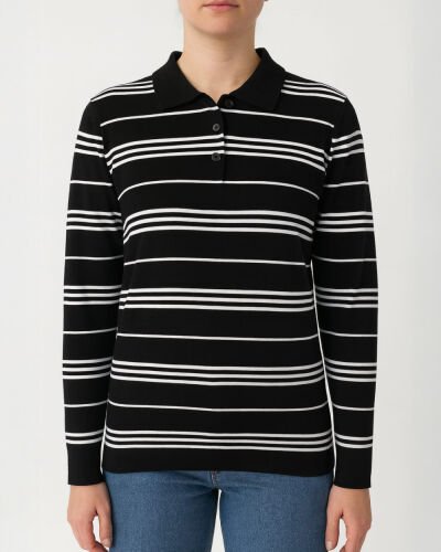 Triko Çizgili Polo Yaka Kazak Siyah Beyaz Çizgili 