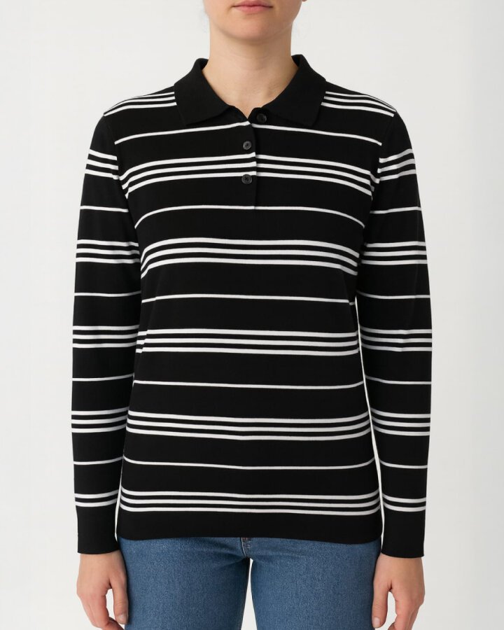 Triko Çizgili Polo Yaka Kazak Siyah Beyaz Çizgili - Aybikestil