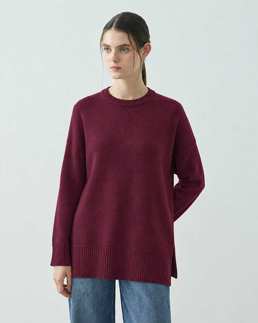 Triko Düz Basic Bisiklet Yaka Kazak Bordo - 