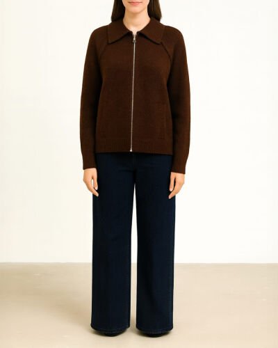 Triko Fermuarlı Oversize Yakalı Ceket Kahverengi 