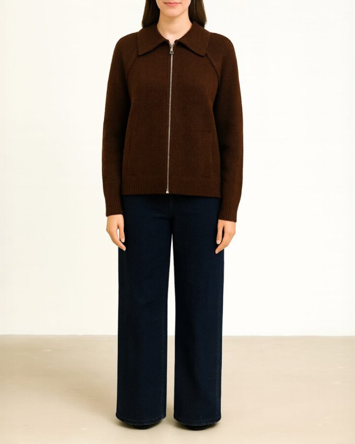 Triko Fermuarlı Oversize Yakalı Ceket Kahverengi - Aybikestil