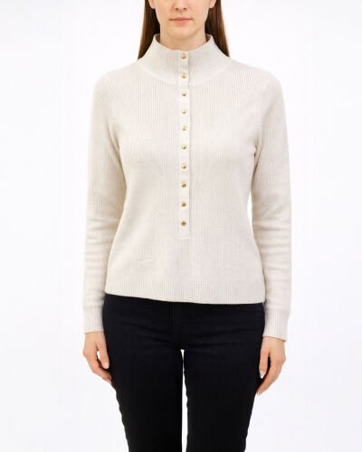 Triko Önden Çıt Çıtlı Fitilli Kazak Ekru 