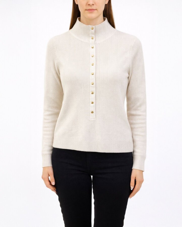 Triko Önden Çıt Çıtlı Fitilli Kazak Ekru - Aybikestil