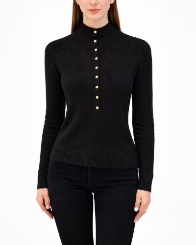 Triko Önden Çıt Çıtlı Fitilli Kazak Siyah 