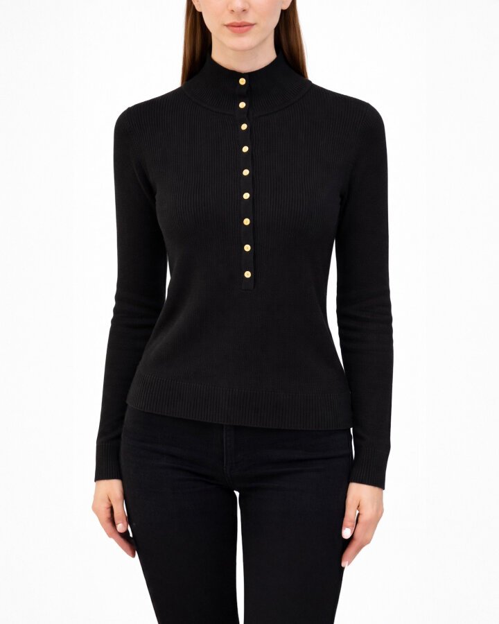 Triko Önden Çıt Çıtlı Fitilli Kazak Siyah - Aybikestil