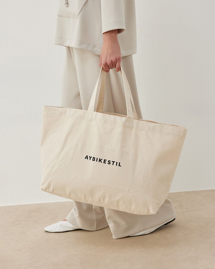 Baskılı Büyük Kanvas Shopper Çanta Natural - Aybikestil (1)