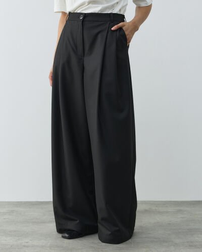 Çift Pileli Palazzo Pantolon Siyah 