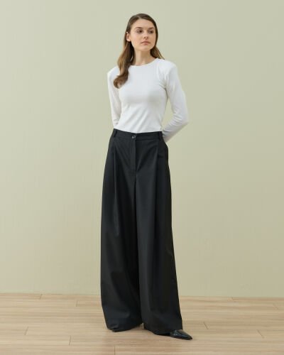 Çift Pileli Palazzo Pantolon Siyah - Aybikestil (1)