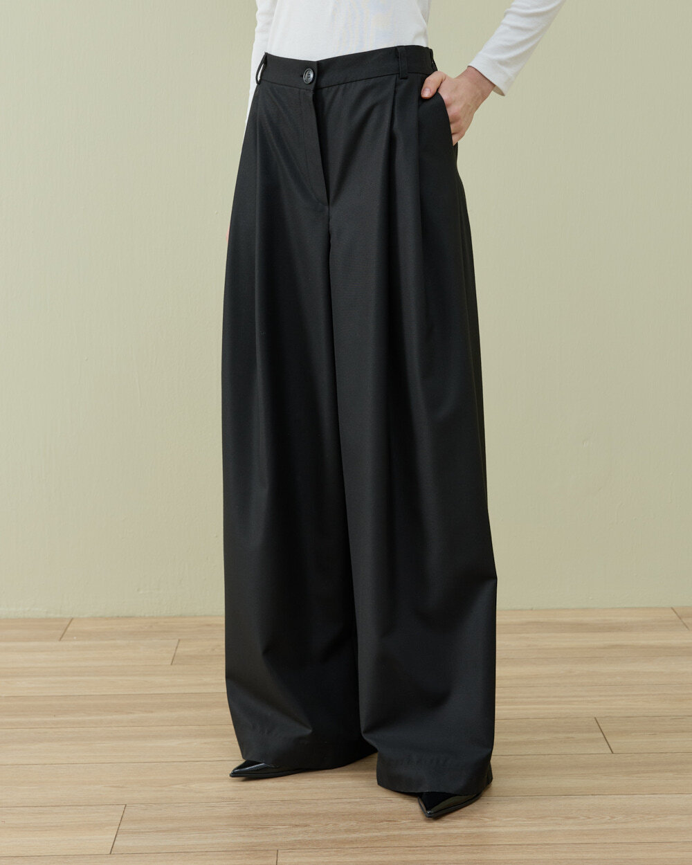 Çift Pileli Palazzo Pantolon Siyah - Aybikestil