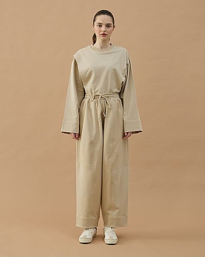 Cotton İki İplik Bol Balon Fit Kesikli Eşofman Altı Bej - Aybikestil (1)