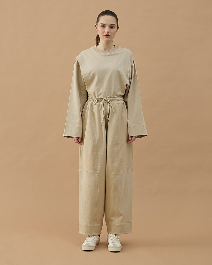 Cotton İki İplik Bol Balon Fit Kesikli Eşofman Altı Bej - Aybikestil (1)