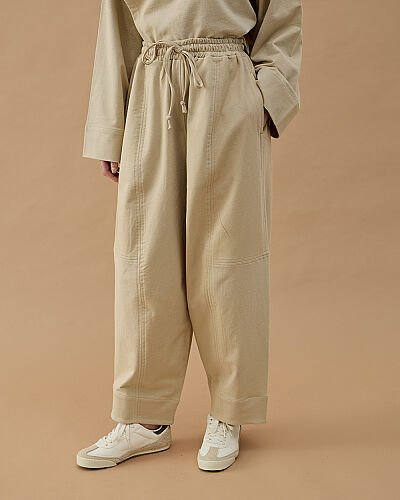 Cotton İki İplik Bol Balon Fit Kesikli Eşofman Altı Bej - Aybikestil