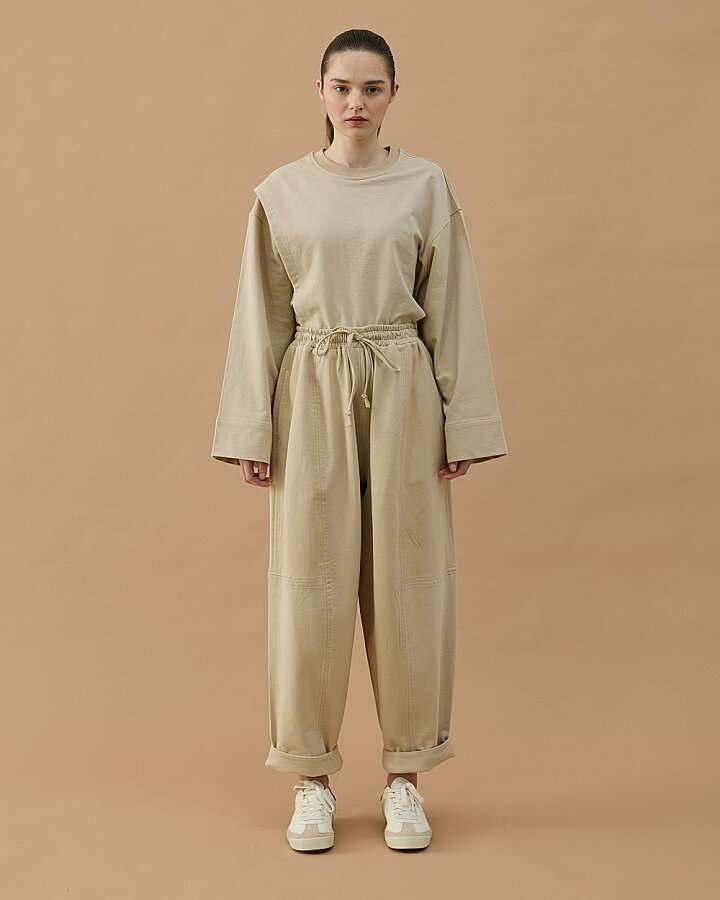 Cotton İki İplik Bol Balon Fit Kesikli Eşofman Altı Bej - Aybikestil (1)