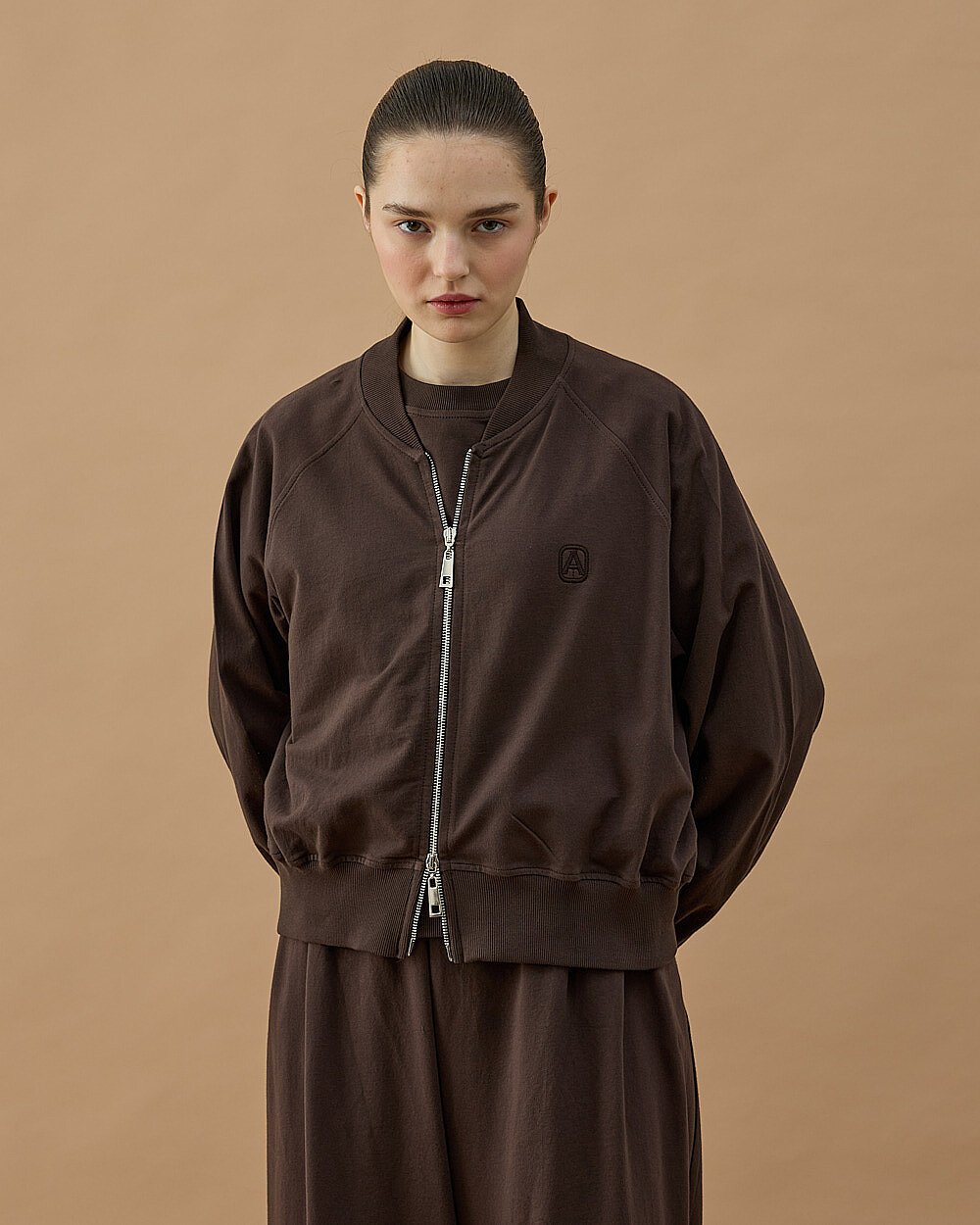 Cotton İki İplik Fermuarlı Bomber Ceket Kahve - Aybikestil