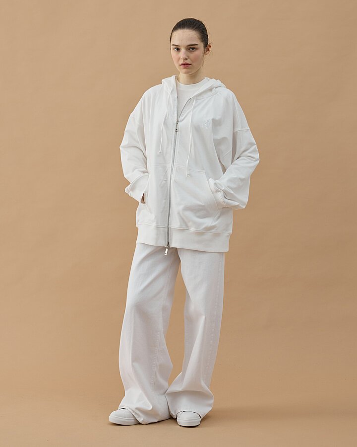 Cotton İki İplik Fermuarlı Kapüşonlu Sweatshirt Ekru - Aybikestil (1)