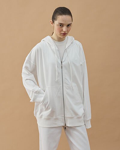 Cotton İki İplik Fermuarlı Kapüşonlu Sweatshirt Ekru - Aybikestil