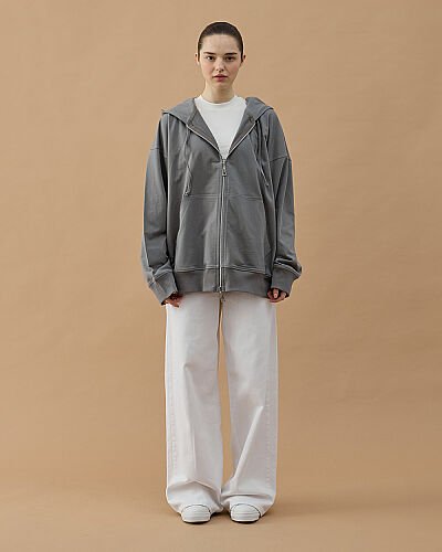 Cotton İki İplik Fermuarlı Kapüşonlu Sweatshirt Gri - Aybikestil (1)