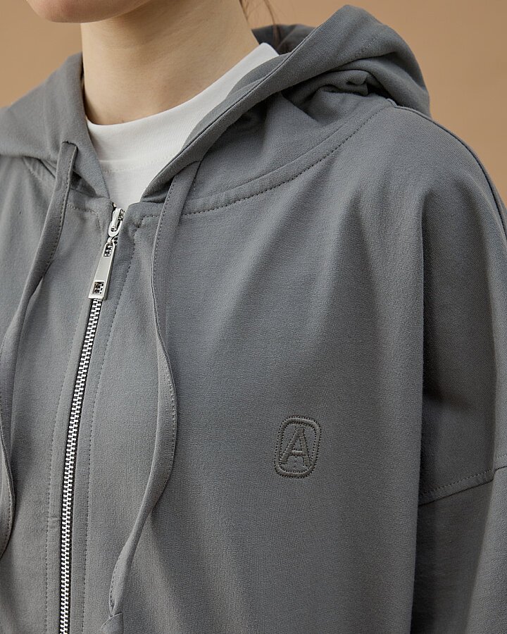 Cotton İki İplik Fermuarlı Kapüşonlu Sweatshirt Gri - Aybikestil (1)