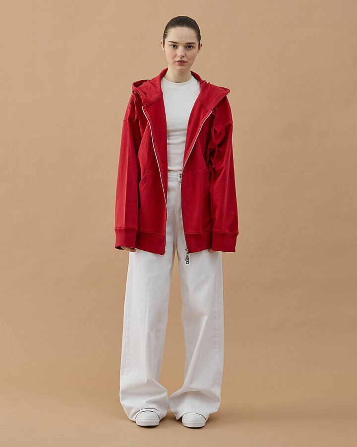 Cotton İki İplik Fermuarlı Kapüşonlu Sweatshirt Kırmızı - Aybikestil (1)