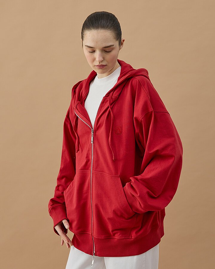Cotton İki İplik Fermuarlı Kapüşonlu Sweatshirt Kırmızı - Aybikestil (1)