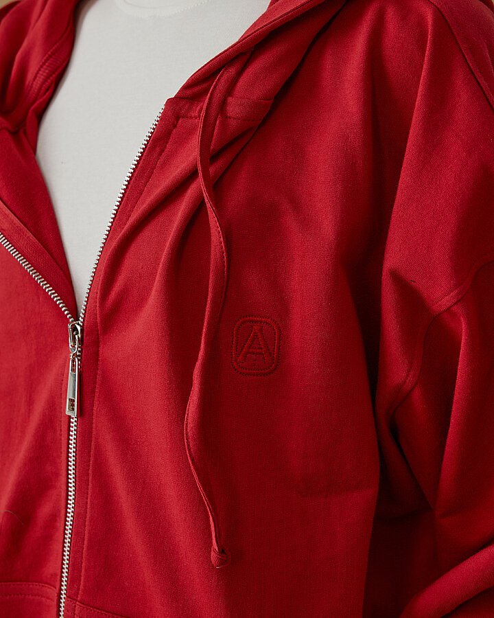 Cotton İki İplik Fermuarlı Kapüşonlu Sweatshirt Kırmızı - Aybikestil (1)