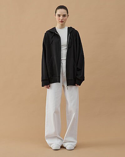 Cotton İki İplik Fermuarlı Kapüşonlu Sweatshirt Siyah - Aybikestil (1)