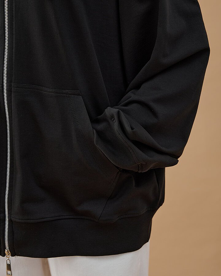 Cotton İki İplik Fermuarlı Kapüşonlu Sweatshirt Siyah - Aybikestil (1)