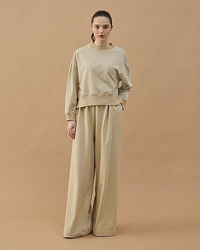 Cotton İki İplik Nervürlü Kesikli Dikişli Kısa Sweat Bej - Aybikestil (1)