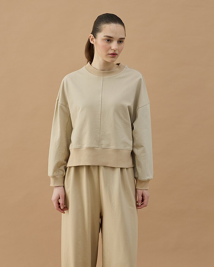 Cotton İki İplik Nervürlü Kesikli Dikişli Kısa Sweat Bej - Aybikestil (1)